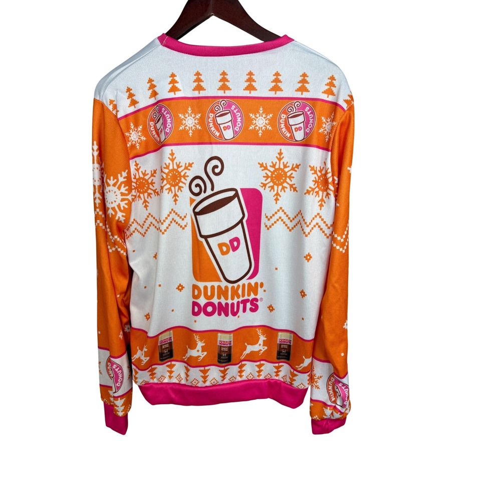 Dunkin Donuts Ugly Christmas Sweater Mens L Orange Pink Polyester Coffee Graphic